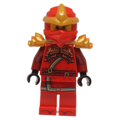 Kai ZX minifigure njo0997 front view showing red torso and leg printing with gold shoulder armor and helmet
