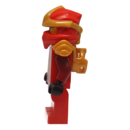 Kai ZX minifigure njo0997 left side view showing helmet profile, gold shoulder armor, and red arm

