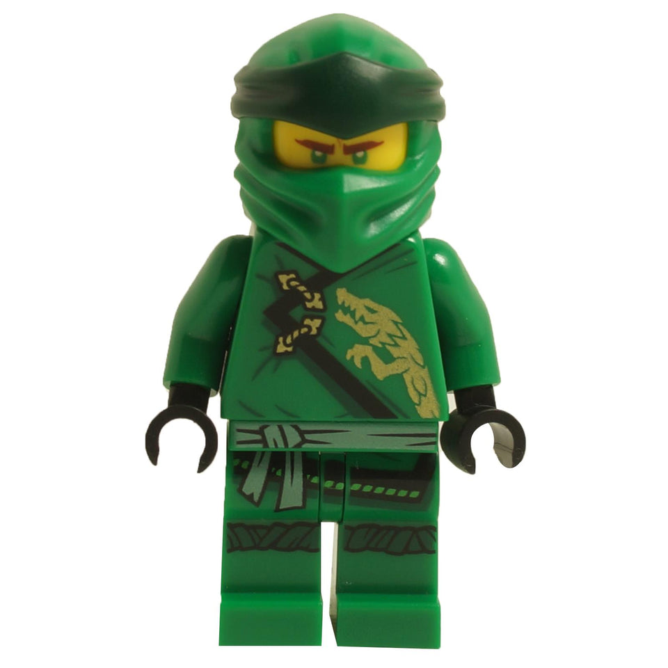LEGO Ninjago Lloyd minifigure njo0708 in his green Legacy gi with a golden dragon print and dark green hood. Front view.