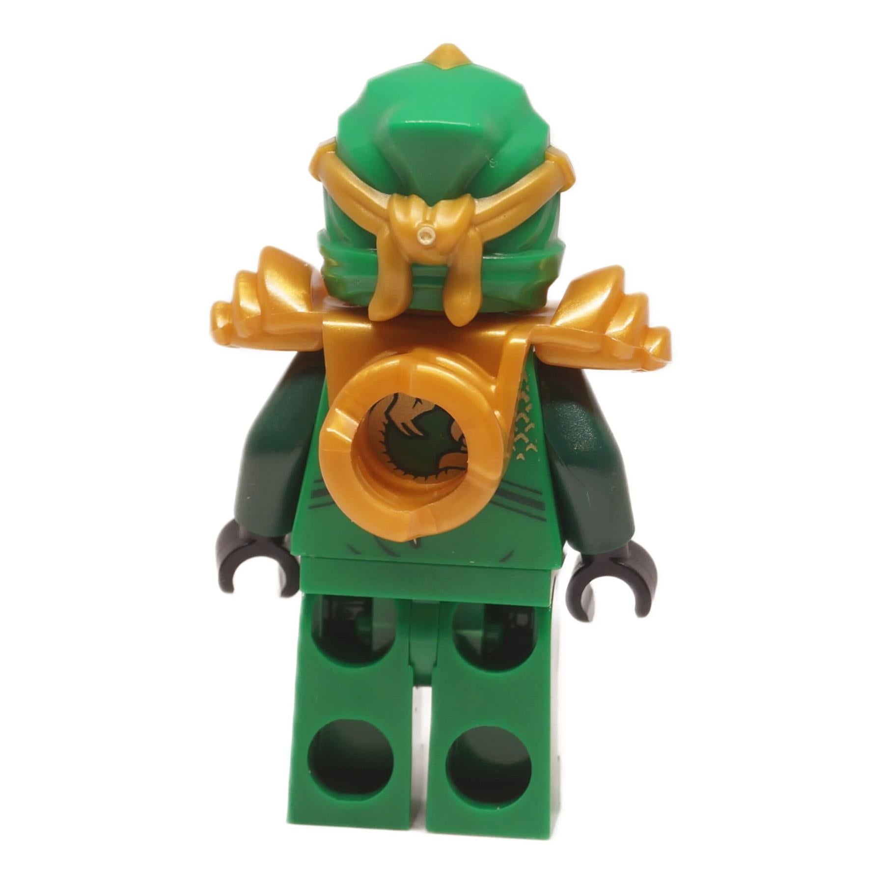 Lloyd ZX minifigure njo1005 back view showing gold back armor with emblem and green legs
