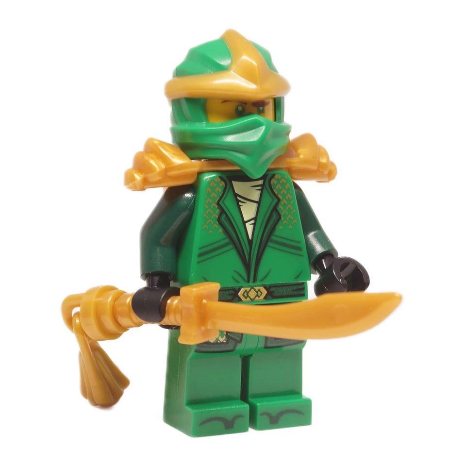 Lloyd ZX minifigure njo1005 in green ninja armor with gold helmet and shoulder armor, front view holding golden weapon
