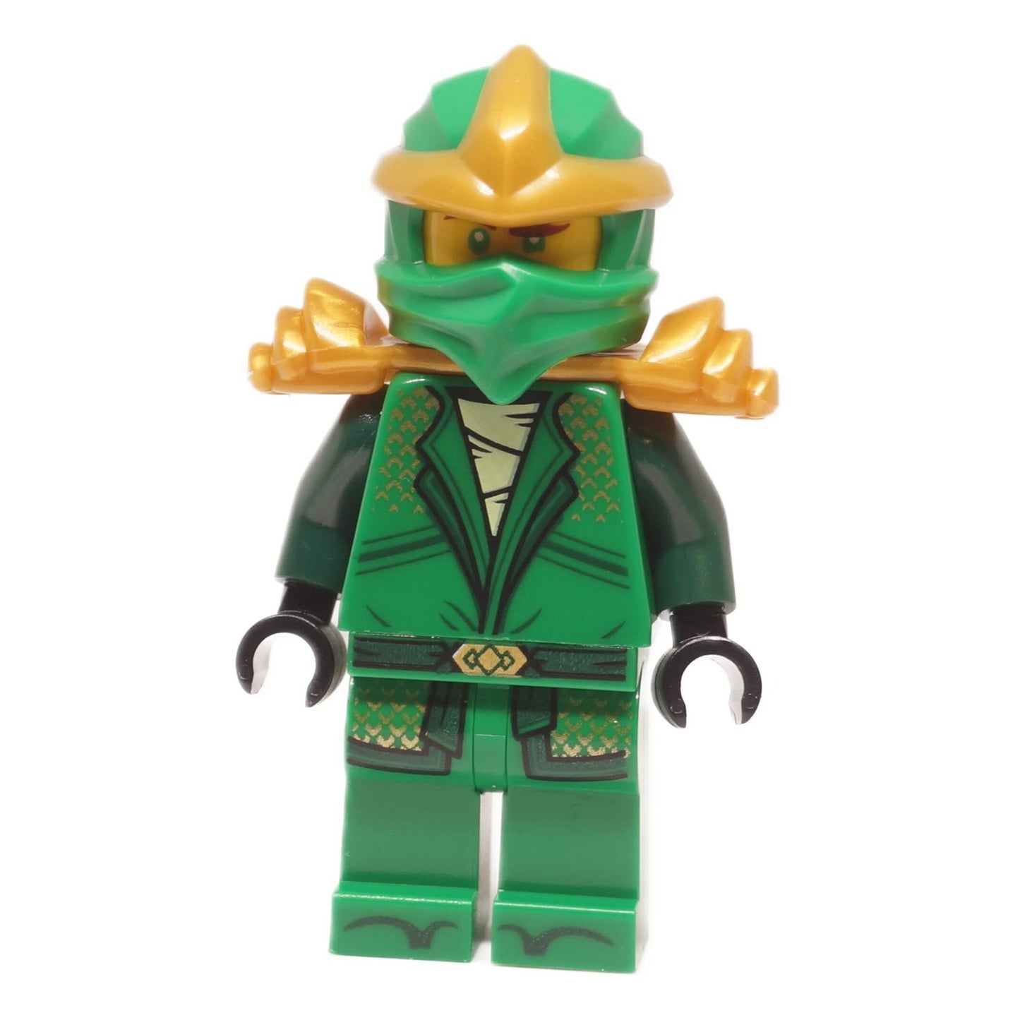 Lloyd ZX minifigure njo1005 front view showing green torso and leg printing with gold shoulder armor and helmet
