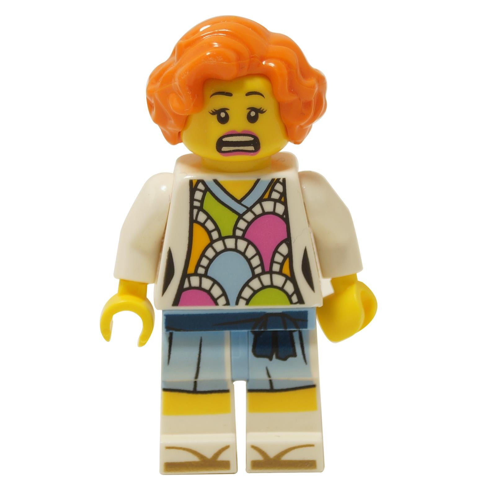 LEGO® NINJAGO Movie Lauren minifigure njo0350 with bright orange hair, white cardigan, and colorful patterned torso close-up view
