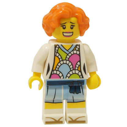 LEGO® NINJAGO Movie Lauren minifigure njo0350 with bright orange hair, white cardigan, colorful patterned torso and smiling expression close-up view