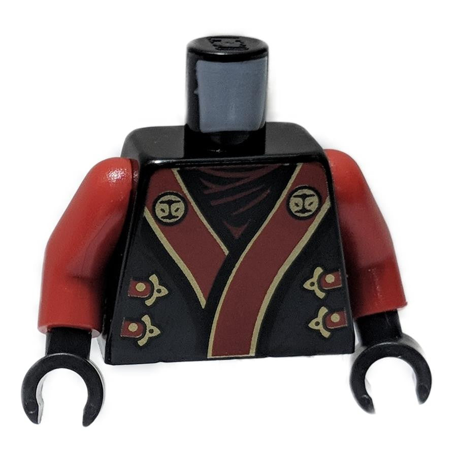 Torso LEGO Ninjago, túnica negra con banda roja, brazos rojos, vista frontal