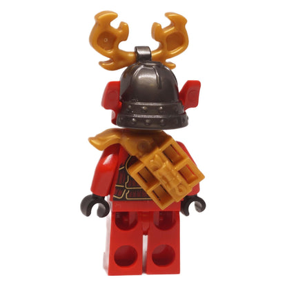 Samurai X minifigure njo1002 back view showing helmet with antlers and gold backpack armor
