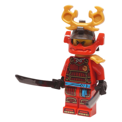 Samurai X minifigure njo1002 in red armor with antler helmet, front view holding two black swords
