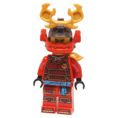 Samurai X minifigure njo1002 front view showing red torso and leg armor printing with antler helmet

