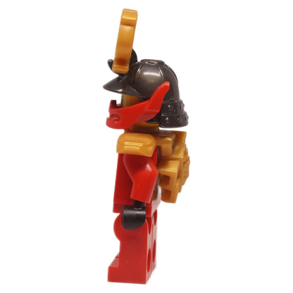 Samurai X minifigure njo1002 left side view showing antler helmet, red armor, and gold shoulder pad
