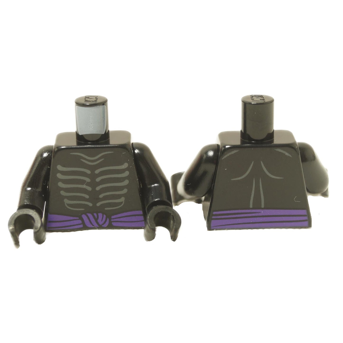 Dark torso with gray skeleton rib print, gray muscle back detail and dark purple waist sash
