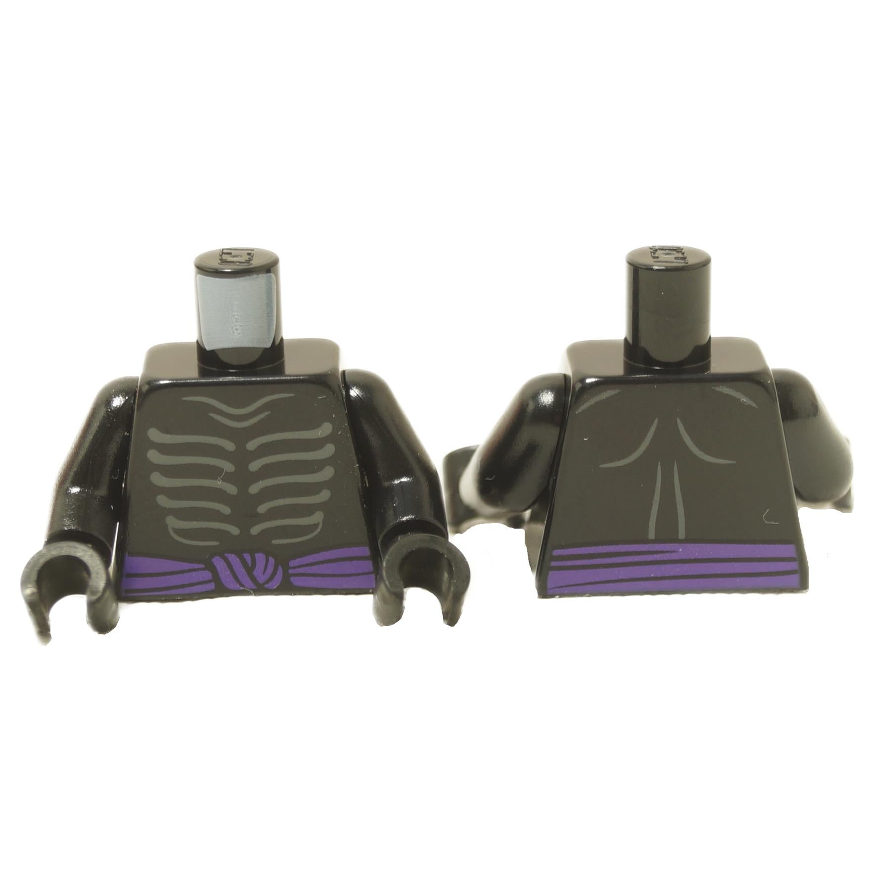 Dark torso with gray skeleton rib print, gray muscle back detail and dark purple waist sash
