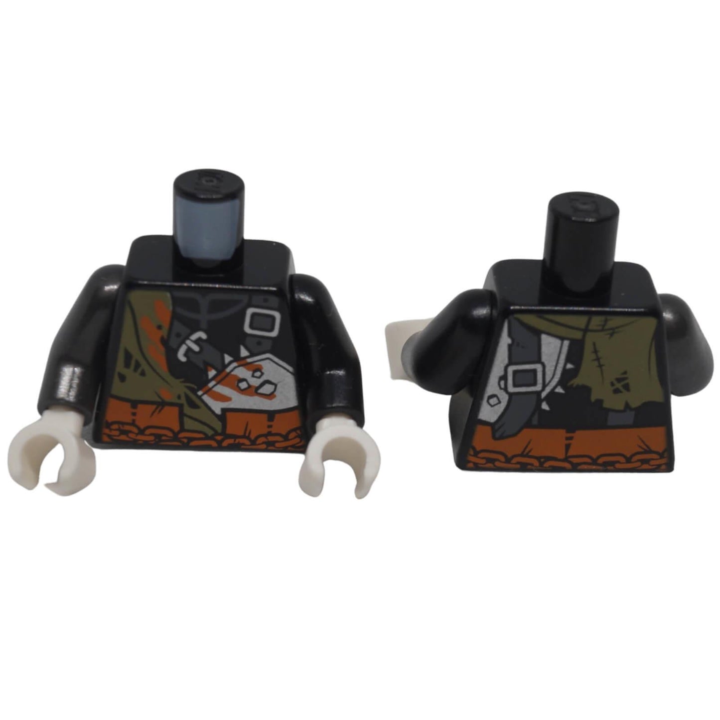 Front and back view of LEGO® NINJAGO minifigure torso 973pb3259c01 with chains, belts and claw marks pattern