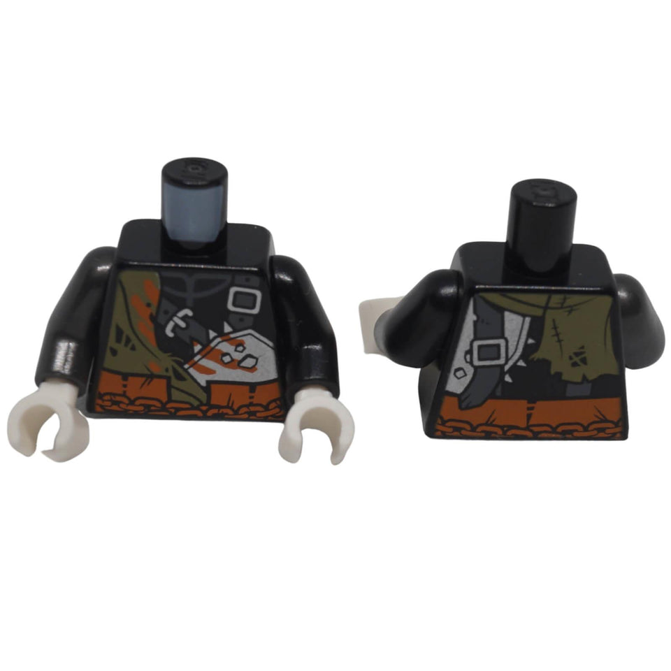 Front and back view of LEGO® NINJAGO minifigure torso 973pb3259c01 with chains, belts and claw marks pattern