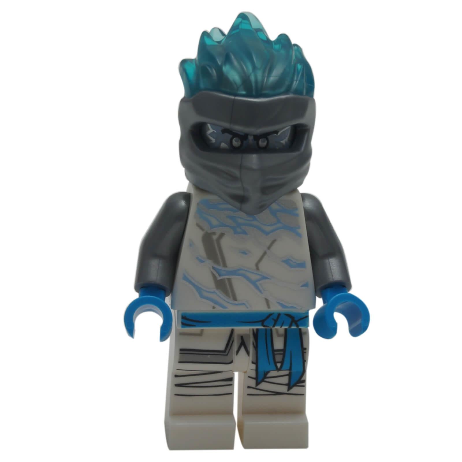 LEGO Ninjago Zane FS minifigure njo0535 with a dark gray hood and translucent ice hair, wearing his white and blue powered-up gi. Front view.