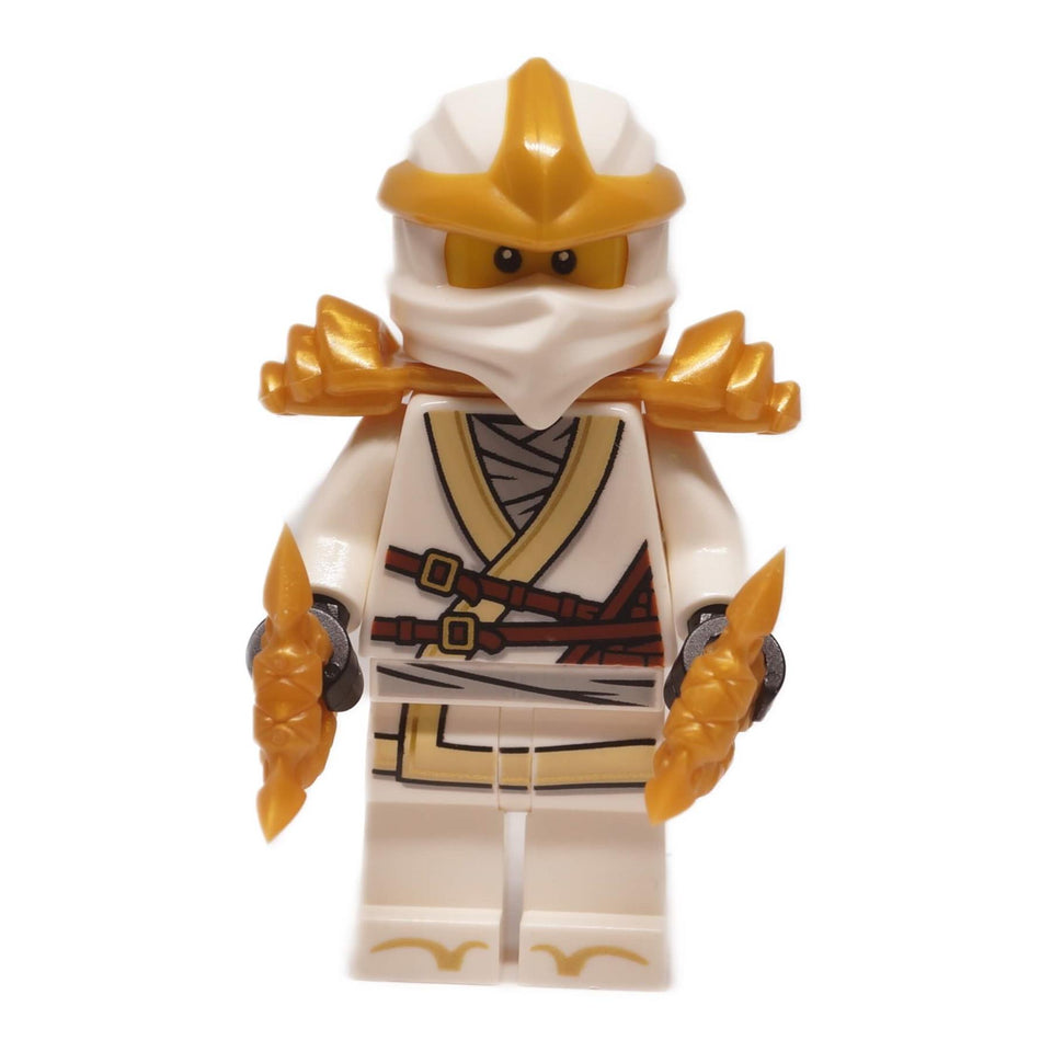 Zane ZX minifigure njo1003 in white ninja armor with gold helmet and shoulder armor, front view holding two golden blades

