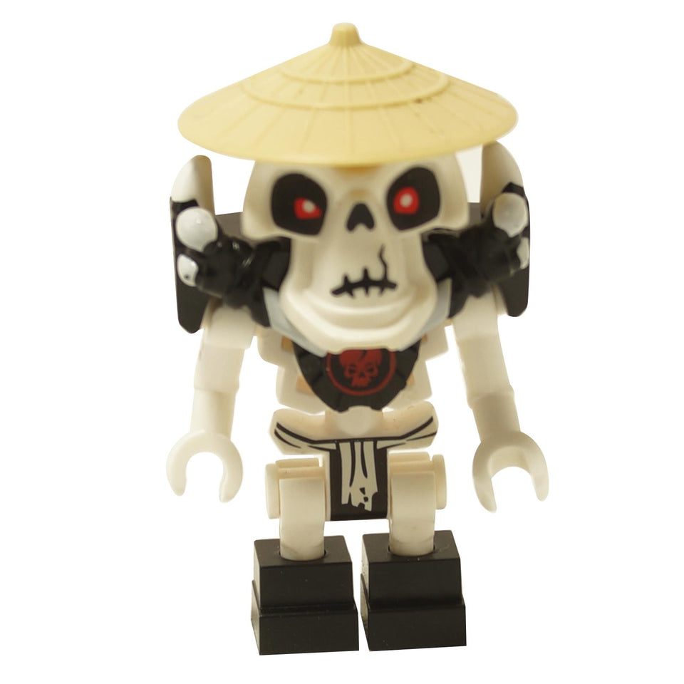 LEGO NINJAGO Wyplash skeleton minifigure with straw hat and black shoulder armor front view

