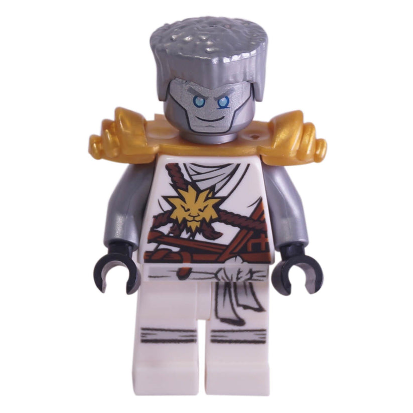 Le visage robotique d'une minifigurine Zane de LEGO Ninjago.