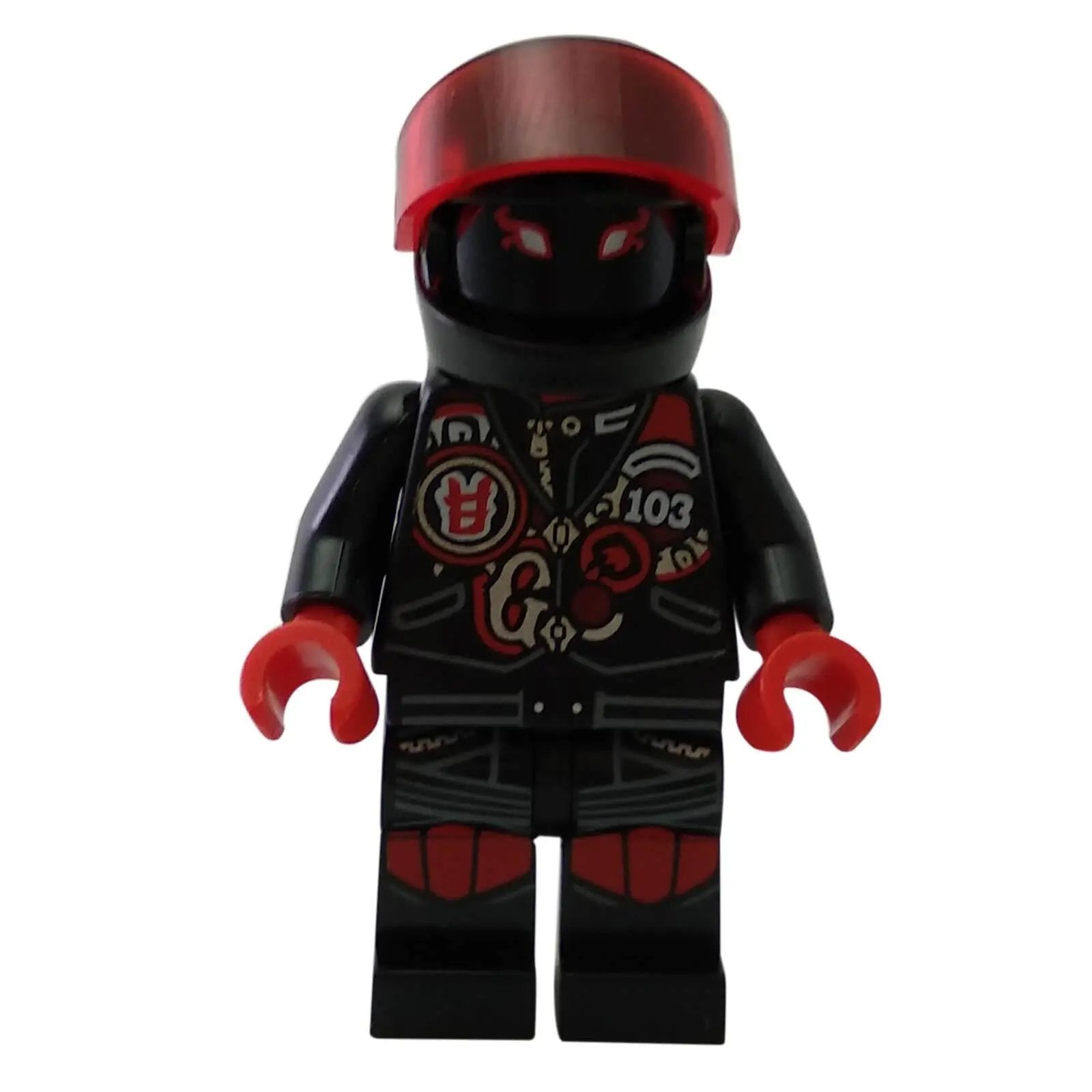 Mr E minifigure with black helmet red visor biker vest 103 print
