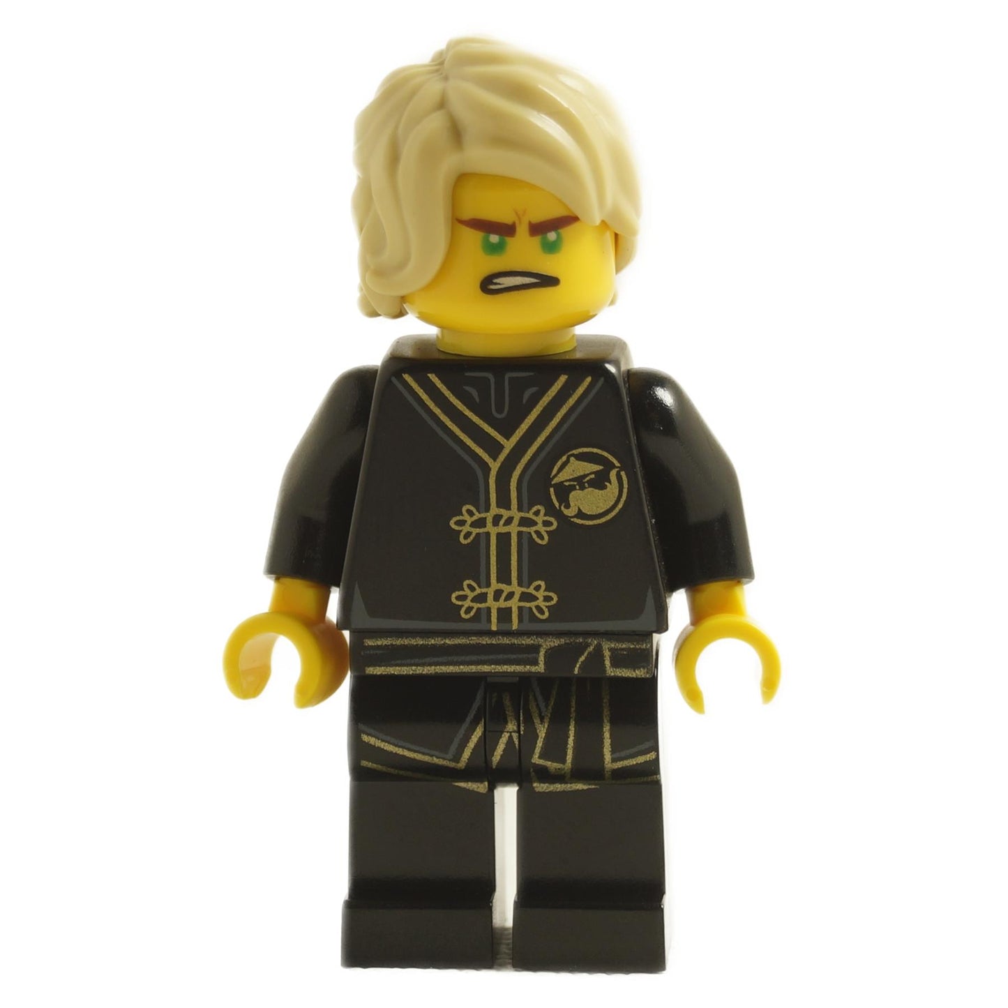 Lloyd minifigure black Wu-Cru training gi with blond hair angry face
