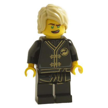 Lloyd minifigure in black Wu-Cru training gi with blond hair and ninja suit
