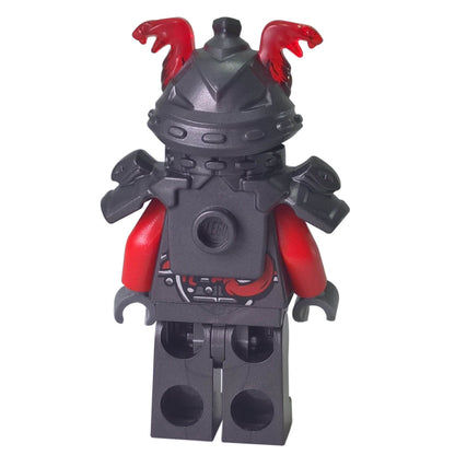 Back view of LEGO® Ninjago Vermin minifigure showing dark grey armor, red arms, and printed back with snake detail