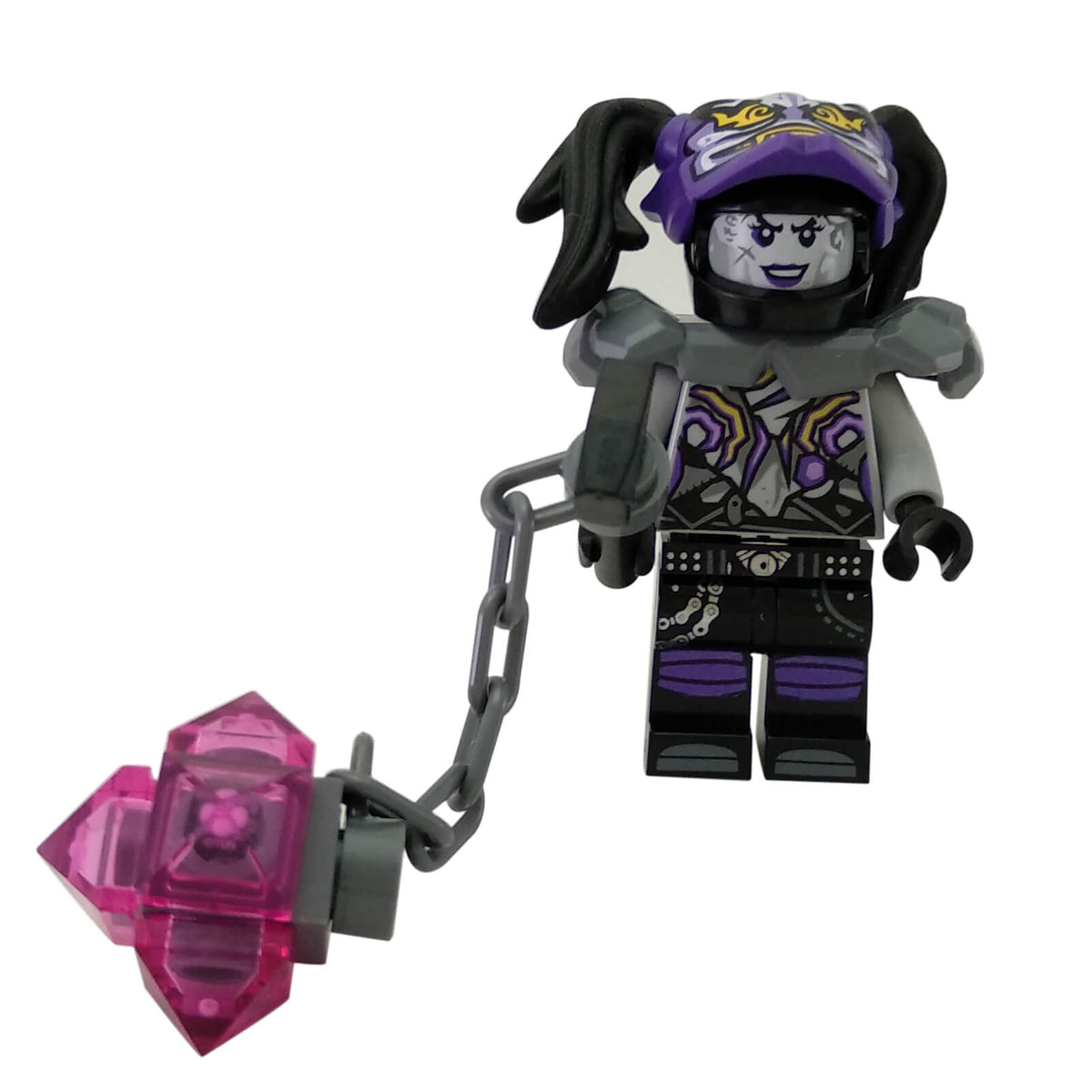LEGO® Minifigur Ninjago Ultra Violet yang memakai Topeng Oni Kebencian, memegang senjata mace kristal merah jambu
