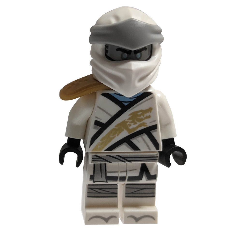LEGO® Minifigurină al lui Zane din Ninjago Legacy, cu umeri de armură de aur perlat și o cap de argint plat.