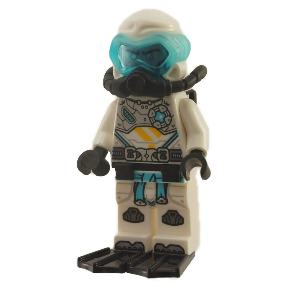 Zane minifigure in scuba gear with white suit blue visor and flippers
