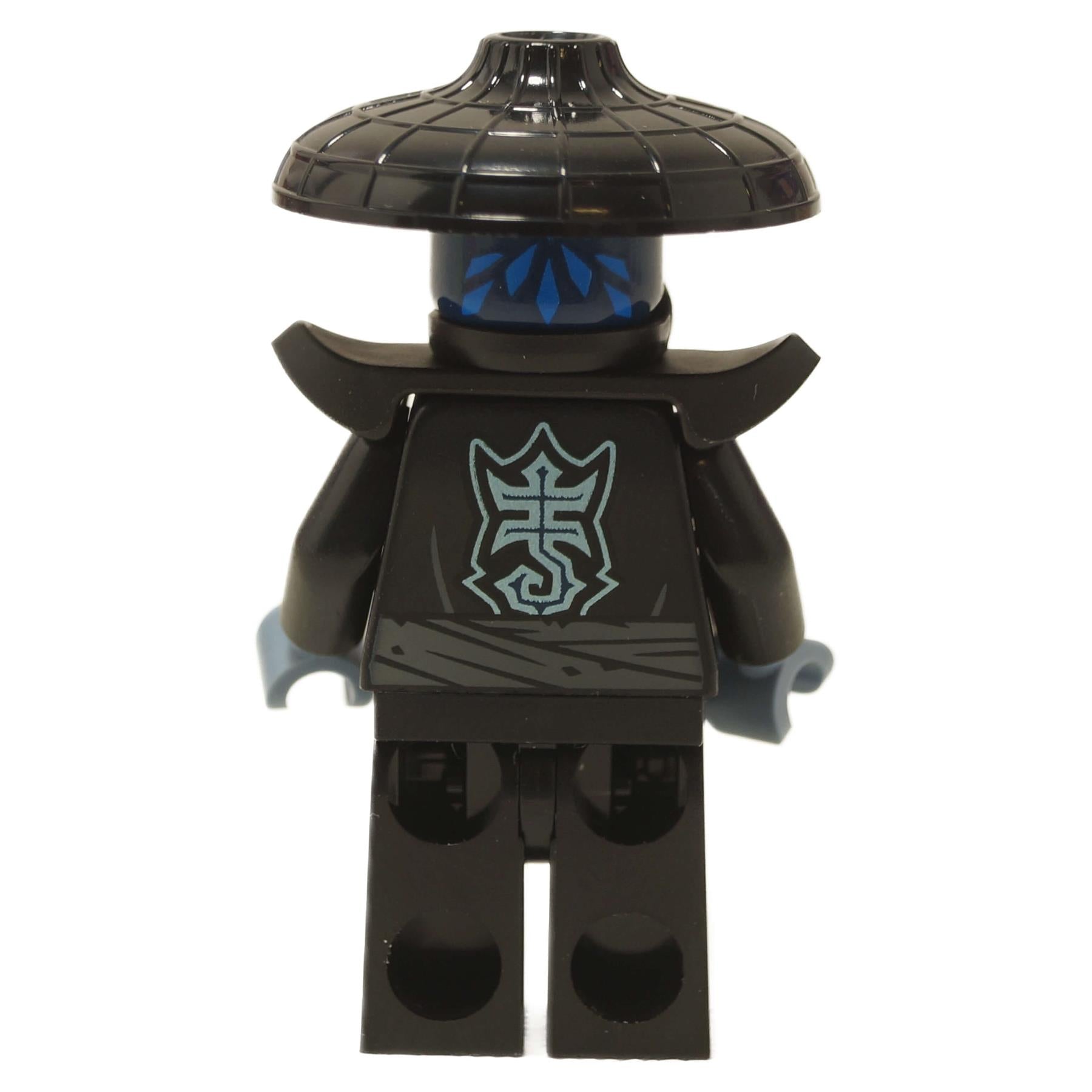 Rear view of Nokt minifigure showing printed back torso emblem, shoulder armor, and dark conical hat
