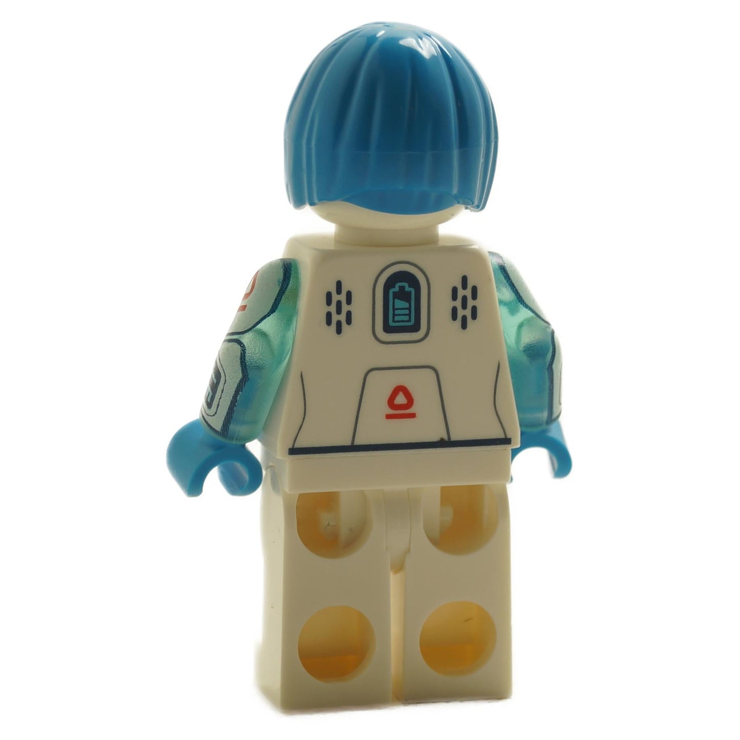 Back view of LEGO® Nurse Android minifigure col441 from Collectible Minifigures Series 26 with white futuristic suit and blue arms