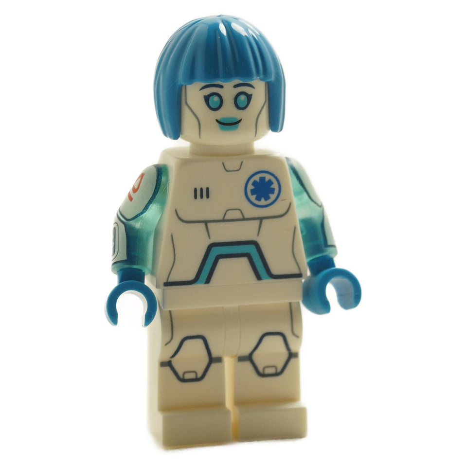 LEGO minifigure of a Nurse Android with translucent blue arms, detailed medical printing, and a cheerful facial expression.