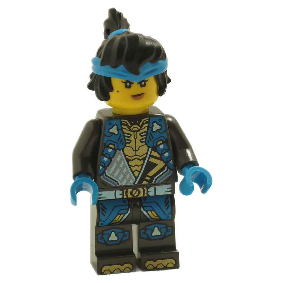 LEGO minifigure of a female ninja character with black, blue, and gold armor, and a blue headband.
