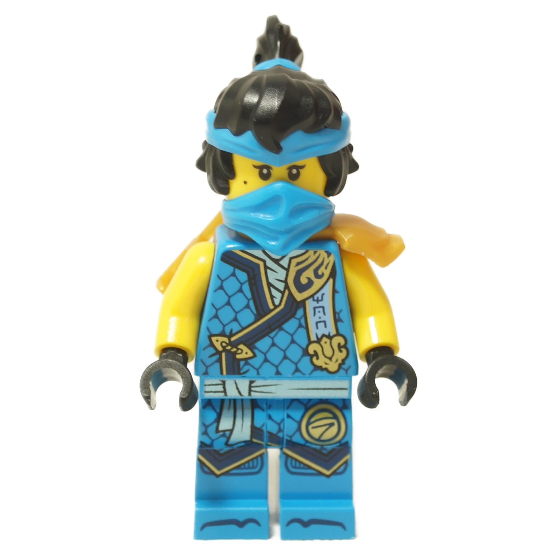 LEGO minifigure of Nya from NINJAGO in blue and gold Tournament Armor with a scabbard.