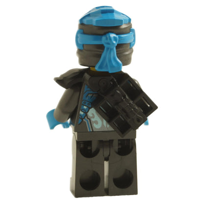 Back view of LEGO® Nya minifigure from NINJAGO Dragons Rising showing blue head wrap, shoulder armor, and scabbard accessory attached to the back

