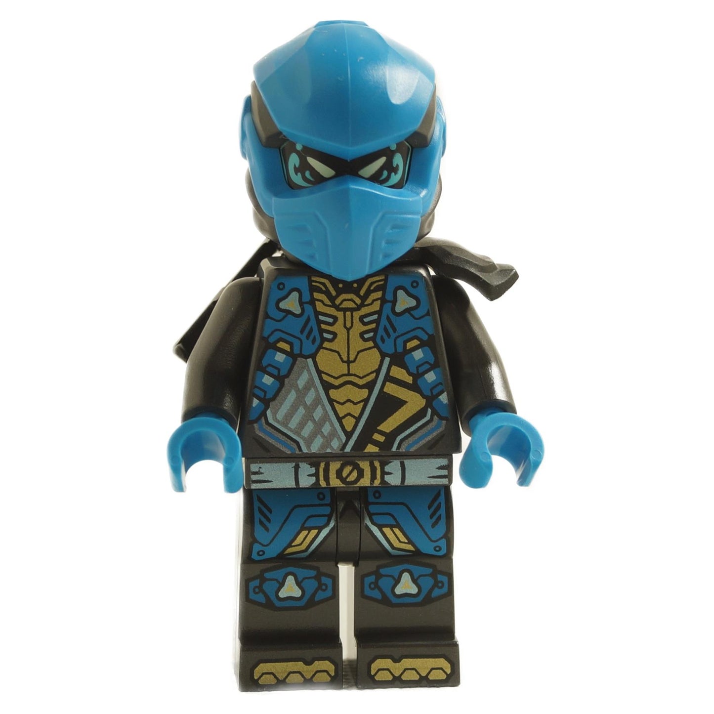 LEGO® Nya minifigure from NINJAGO Dragons Rising wearing blue ninja mask, detailed tunic with shoulder armor, and water-themed armor printing
