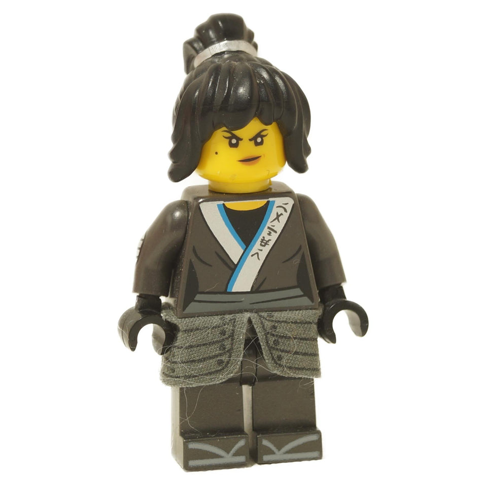 LEGO minifigure of Nya from The LEGO Ninjago Movie, wearing a gray and black outfit with a cloth armor skirt and black hairpiece.