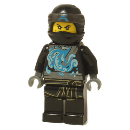 LEGO Ninjago Nya minifigure (njo0404) in her black Sons of Garmadon Spinjitzu Master gi, featuring a light blue swirling water motif and a black ninja hood.