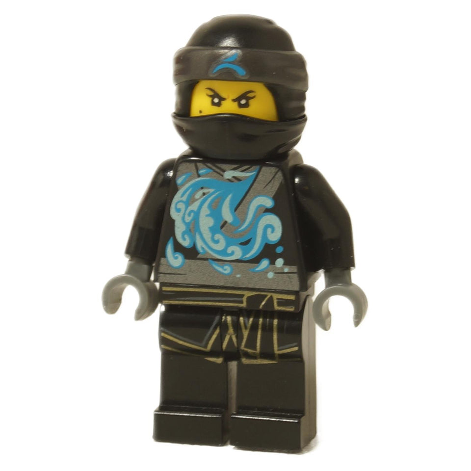 LEGO Ninjago Nya minifigure (njo0404) in her black Sons of Garmadon Spinjitzu Master gi, featuring a light blue swirling water motif and a black ninja hood.