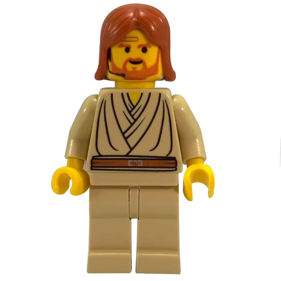 Vintage LEGO Star Wars Obi-Wan Kenobi minifigure with classic yellow skin, printed headset, and long reddish-brown hair.