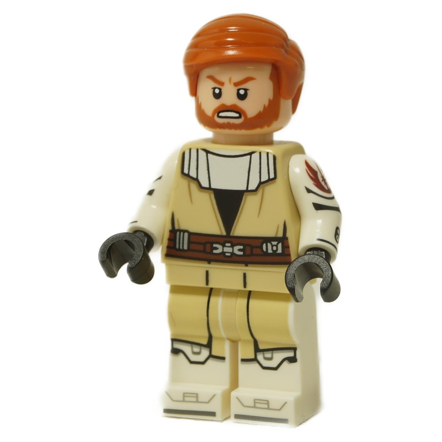  Una figura de minifigura de Star Wars™ de Obi-Wan Kenobi de la era de las Guerras Clon, con cabello castaño rojizo, una cabeza beige con una barba castaño rojiza y una expresión de enojo, un torso de túnica impresa en color marrón oscuro con detalles en blanco y negro y el emblema de la República en el brazo, brazos blancos, manos gris oscuro y piernas marrón oscuro con impresión de armadura en blanco y negro, de pie contra un fondo blanco.