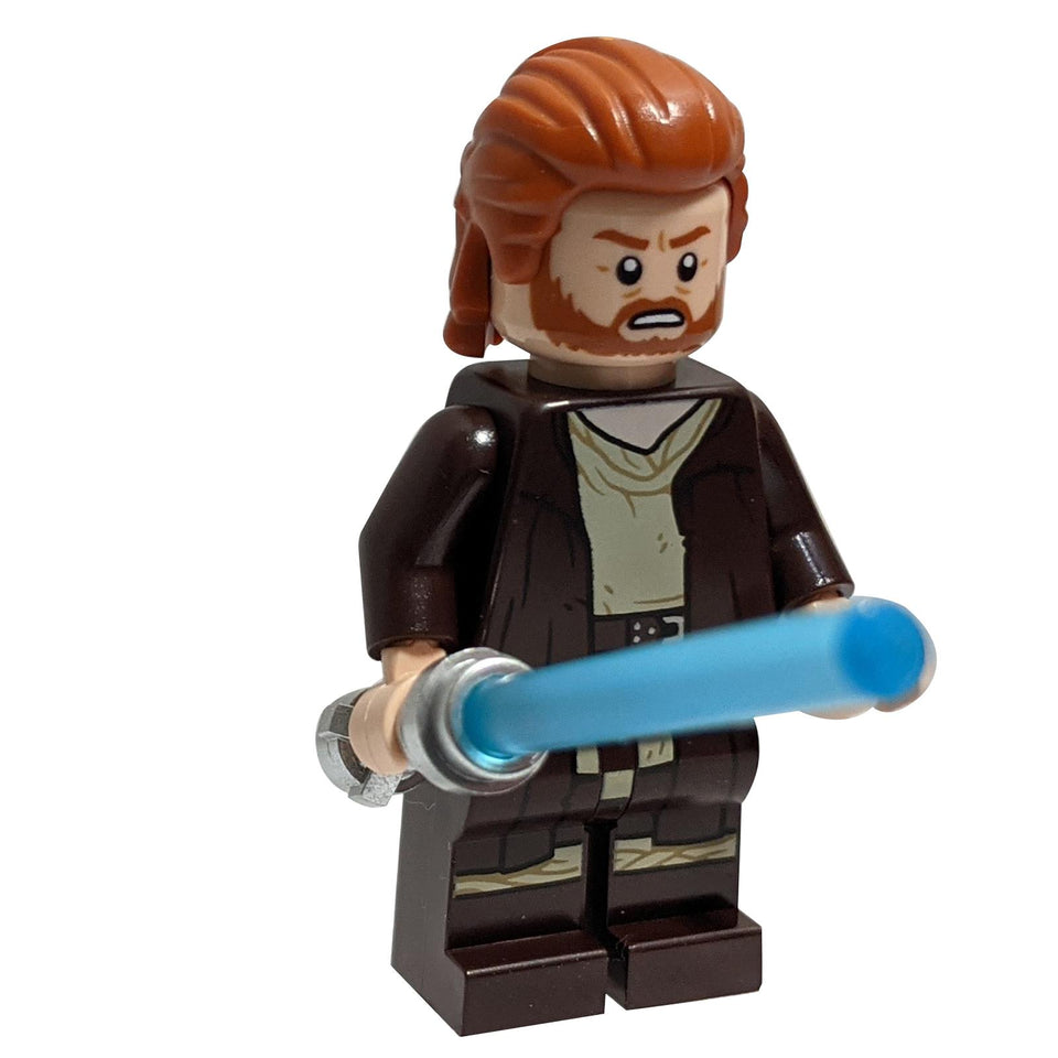 LEGO Star Wars Obi-Wan Kenobi minifigure (sw1227) from the Disney+ series, with reddish brown robes and ruffled dark orange hair with light saber