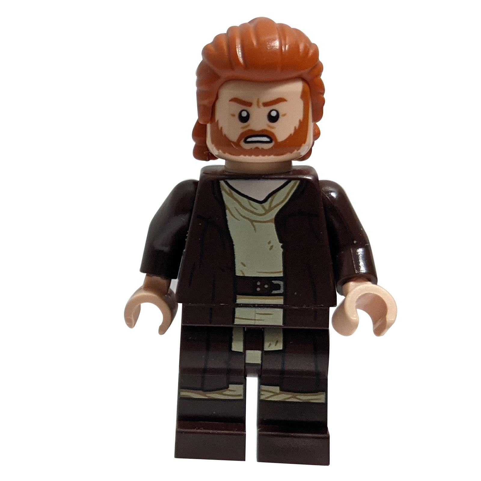 LEGO Star Wars Obi-Wan Kenobi minifigure (sw1227) from the Disney+ series, with reddish brown robes and ruffled dark orange hair.