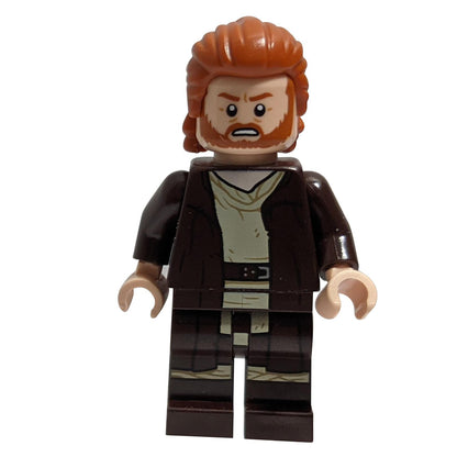 LEGO Star Wars Obi-Wan Kenobi minifigure (sw1227) from the Disney+ series, with reddish brown robes and ruffled dark orange hair.