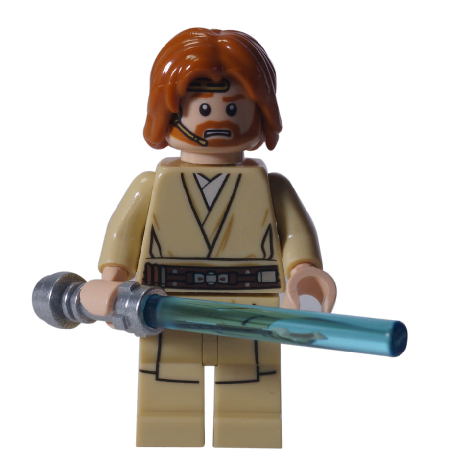 LEGO Star Wars Obi-Wan Kenobi minifigure (sw0846) in his Attack of the Clones pilot attire with printed headset and tan legs and light saber