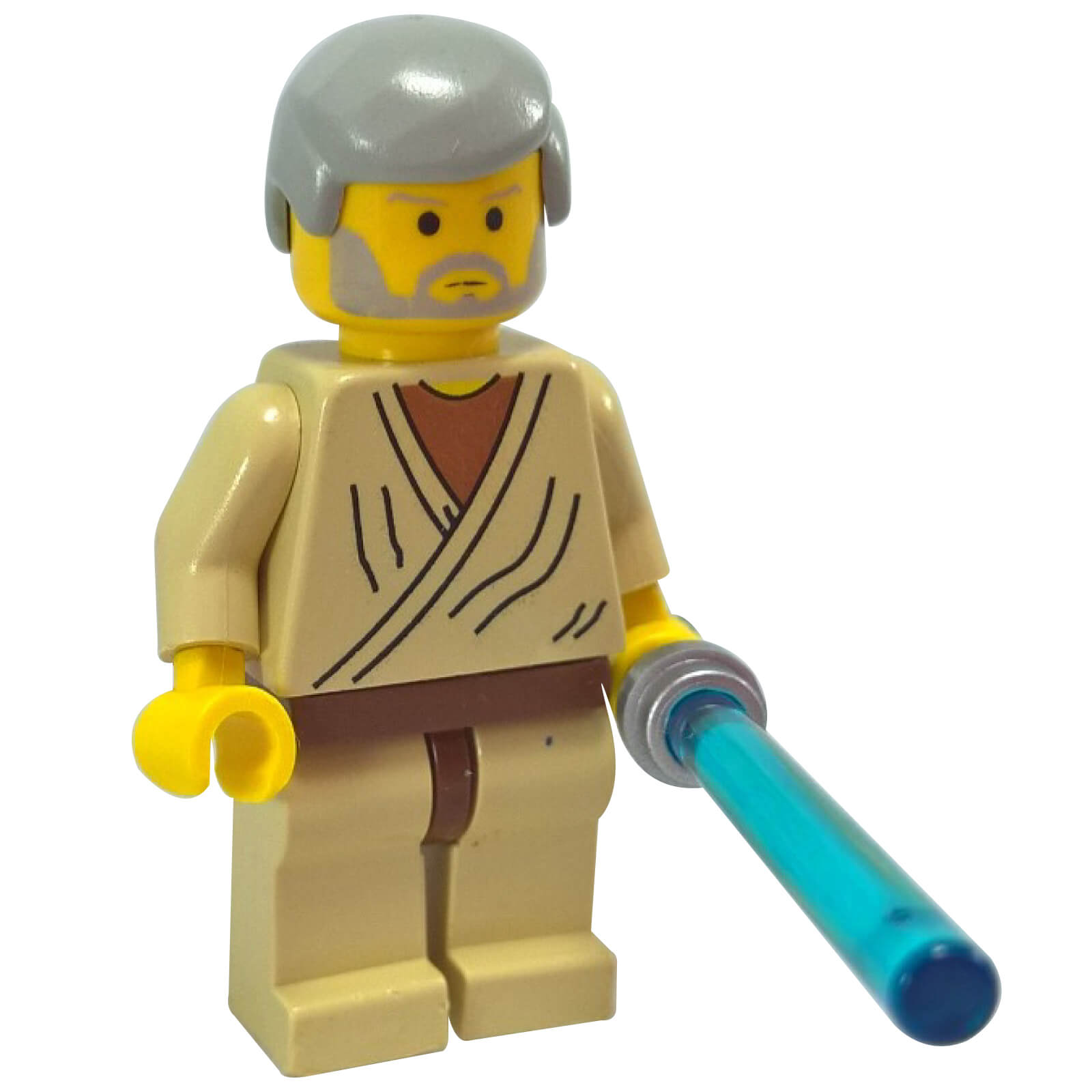 Minifigura vintage LEGO usada de Old Ben Kenobi (sw0023) con piel amarilla y el cabello gris claro original.