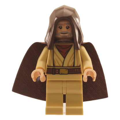 LEGO Star Wars minifigure of Old Ben Kenobi (sw1046) in his tan robes with a dark brown hood and cape from A New Hope.
