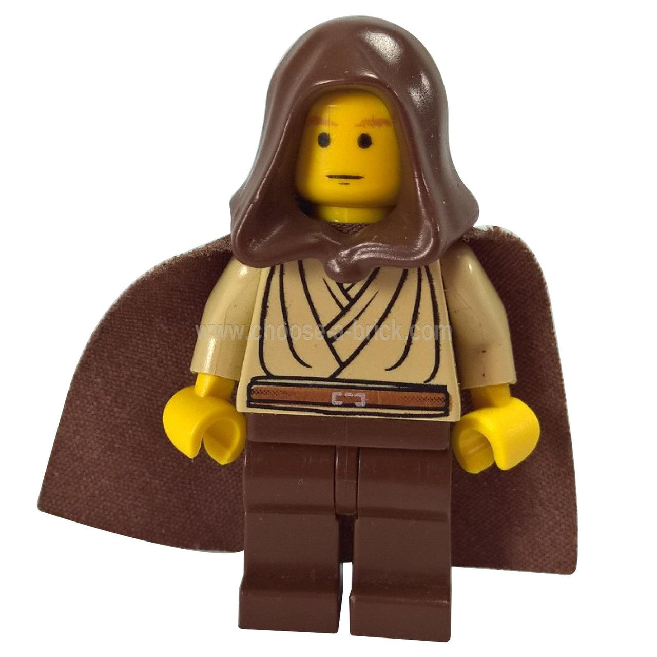 Vintage LEGO Star Wars Padawan Obi-Wan Kenobi minifigure (sw0024) with classic yellow skin, brown hood, and Padawan braid printing.