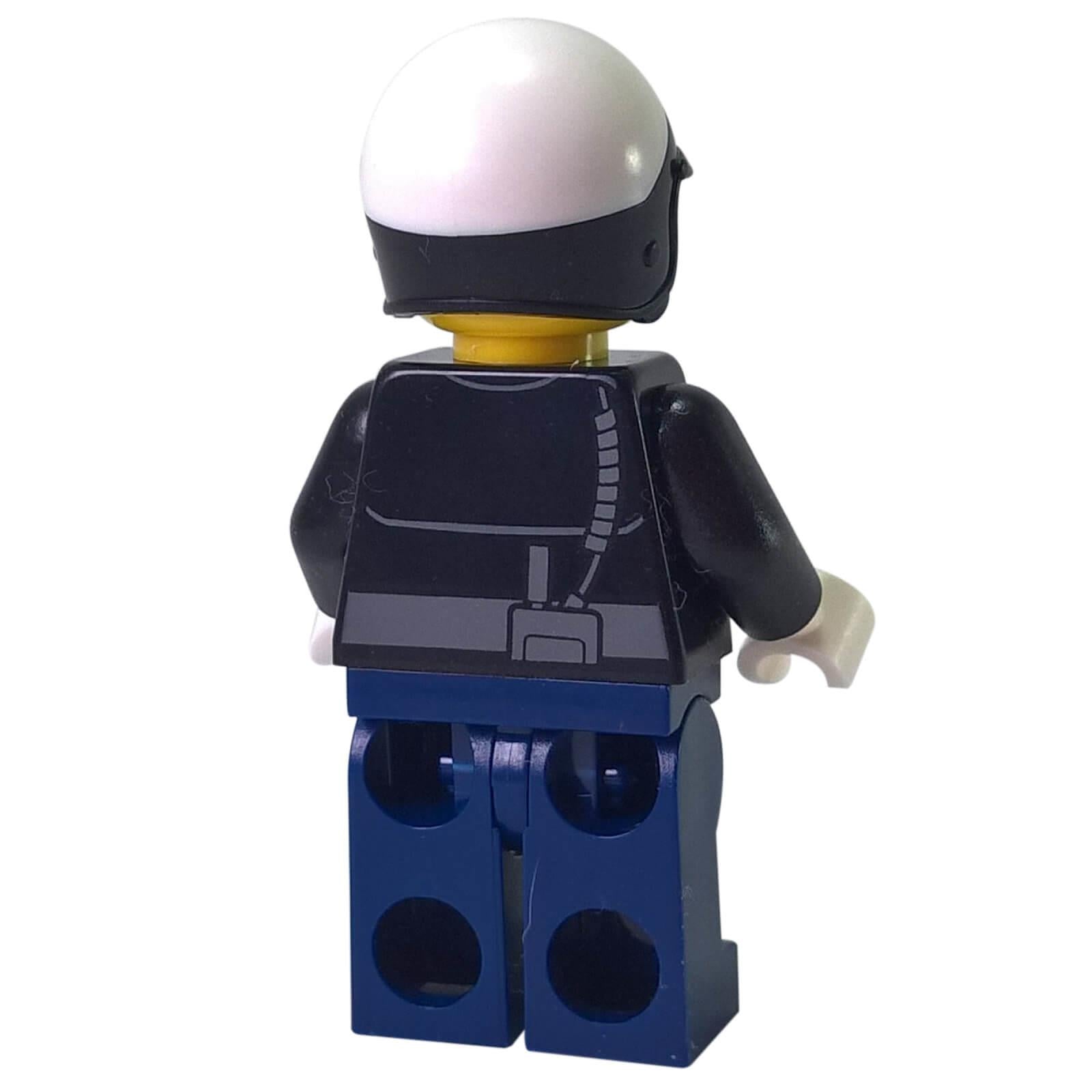 LEGO® Officer Toque minifigure back view wearing dark jacket with printed back detail and blue legs close-up