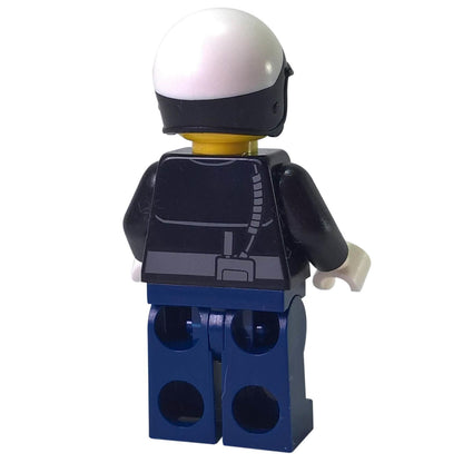 LEGO® Officer Toque minifigure back view wearing dark jacket with printed back detail and blue legs close-up