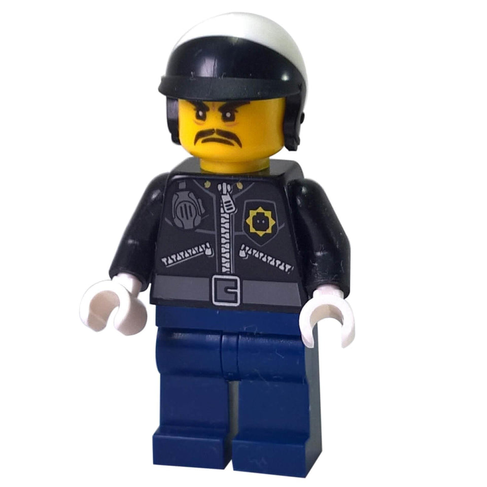 LEGO® Officer Toque minifigure wearing police jacket with badge print, blue legs and black helmet close-up view